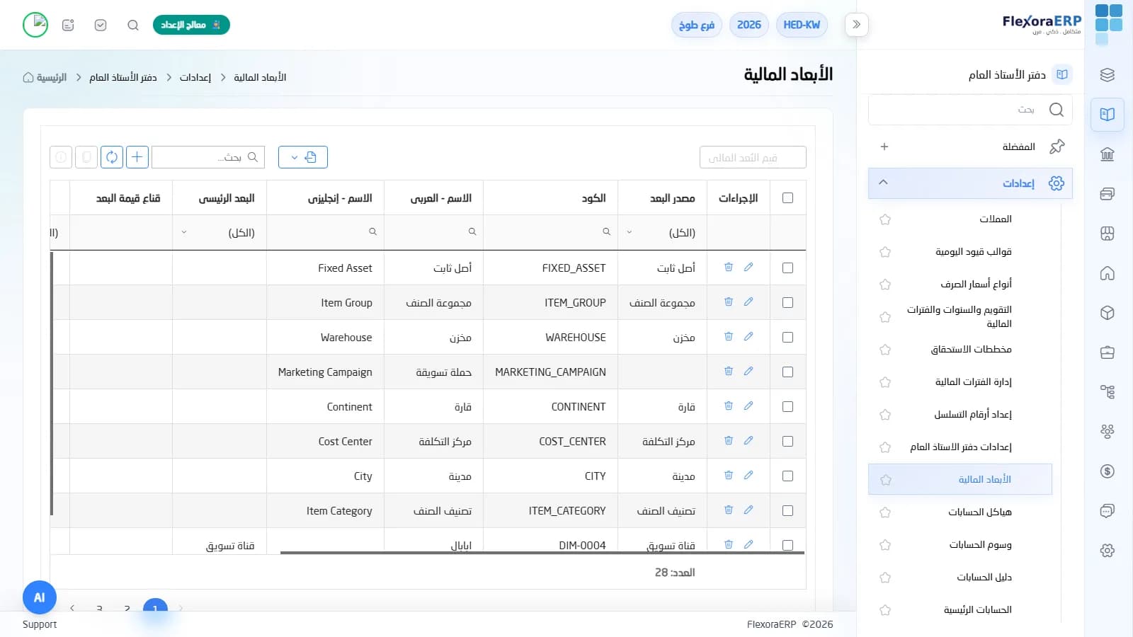 شاشة الأبعاد المالية في FlexoraERP